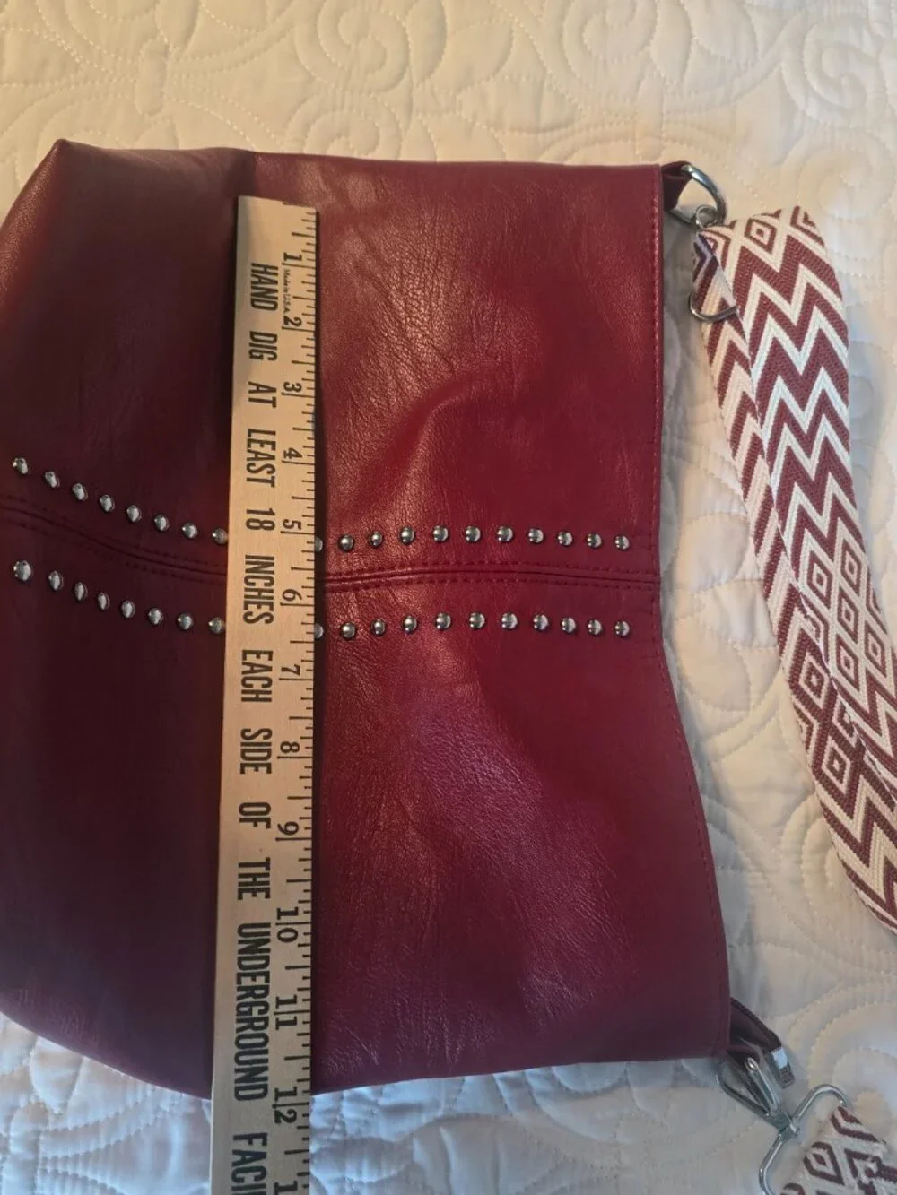 Red Soft Vinyl Bucket Purse with Studs & Woven Strap
